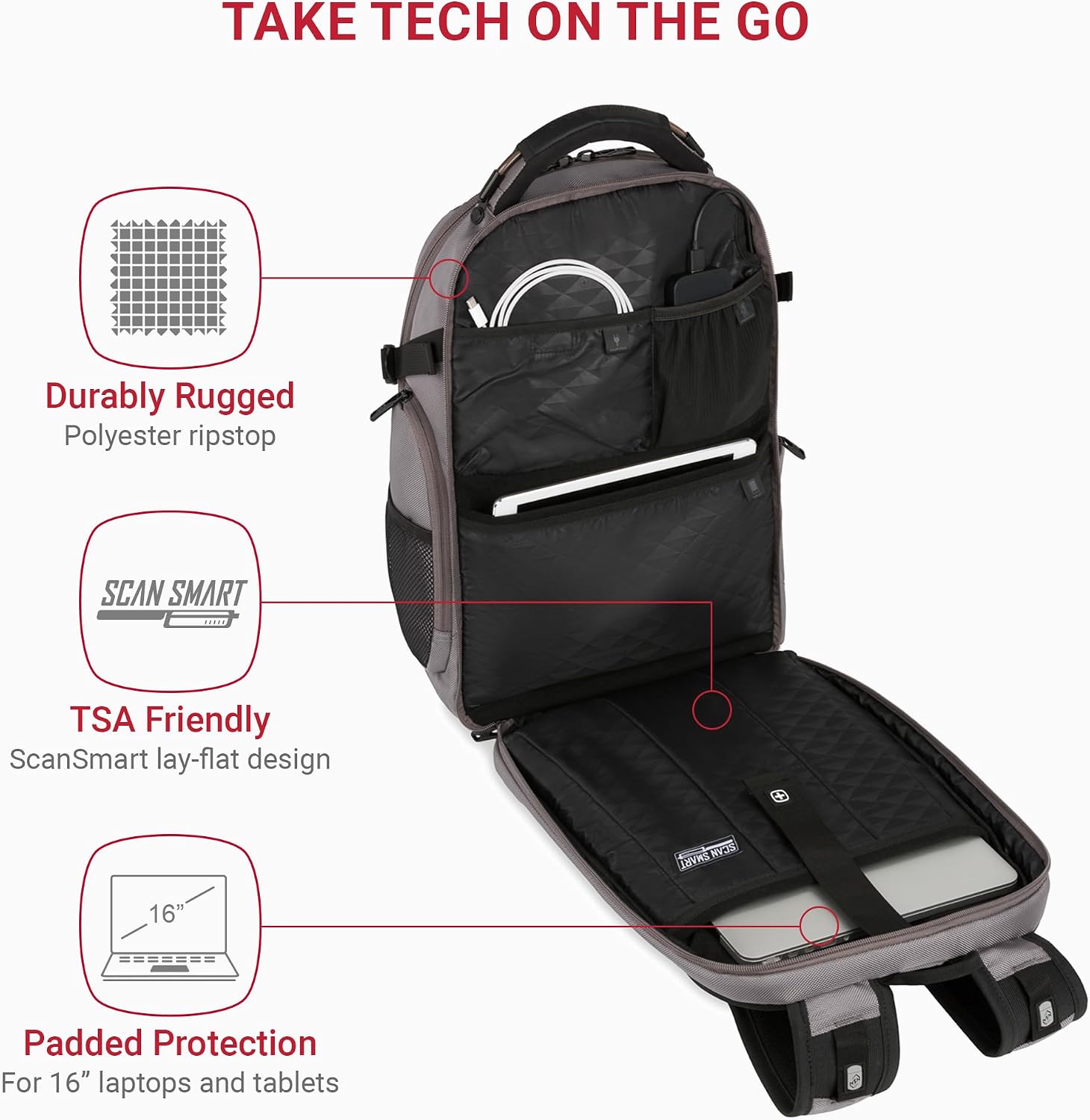 SwissGear Travel Tech Elite Laptop Backpack – Fits Laptops up to 16' – ScanSmart TSA-Friendly Backpack with USB Port, Shoe Compartment & Organizer Pockets – Grey Ballistic