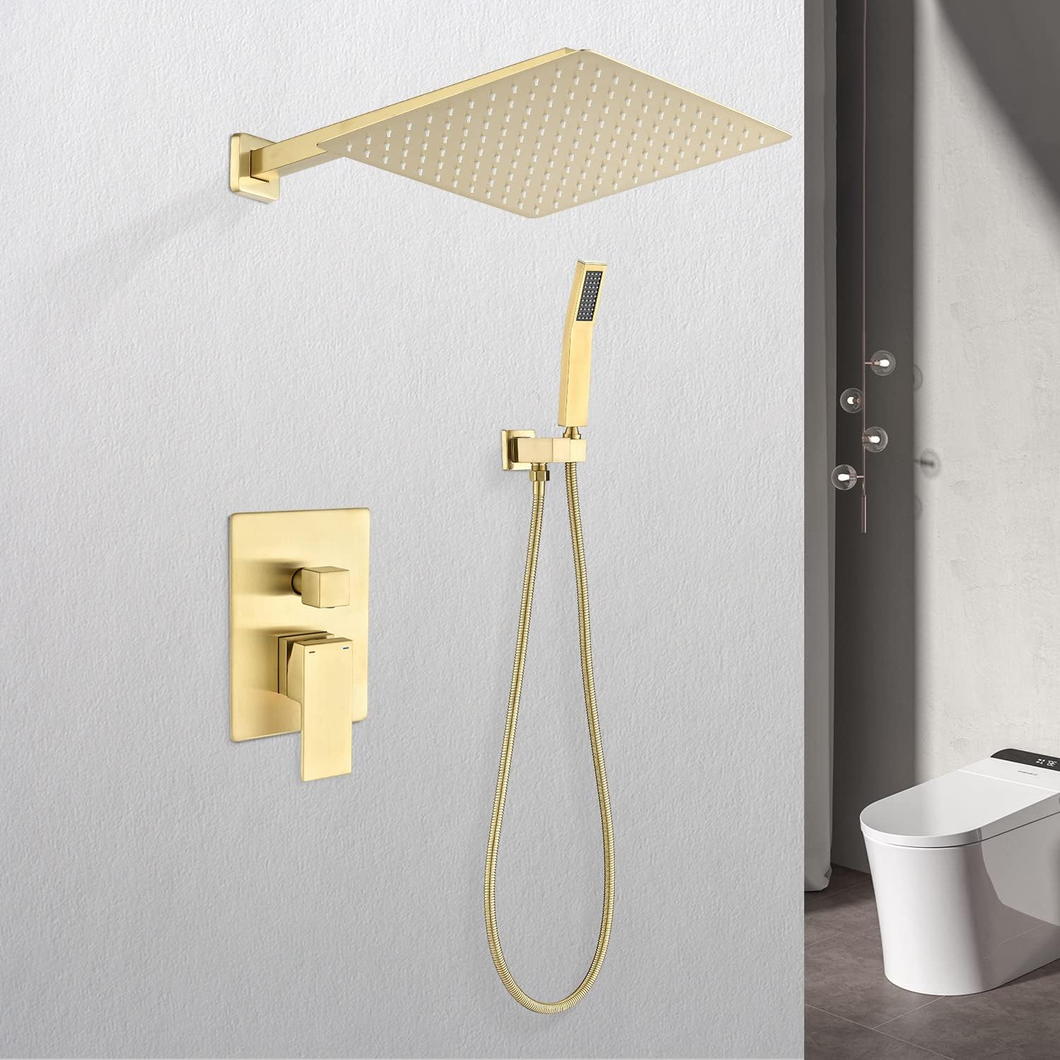 Kaimei 10 Inch Gold Wall Mount Rainfall Shower Head Combo Set - Luxury Bathroom Fixture with Self-Cleaning Nozzles, Easy Install