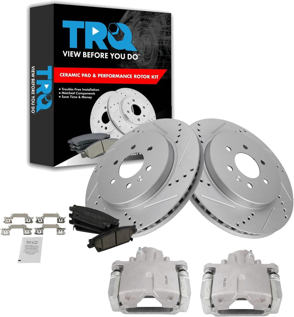 TRQ Performance Rear Brake Pad and Rotor Set Ceramic Vented Coated Rotors Calipers Compatible with 2004-2009 Cadillac SRX