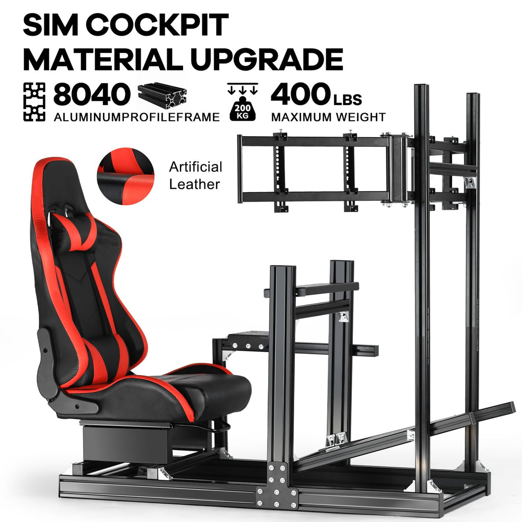 Anman 8040 Aluminum Profile Racing Simulator Cockpit with Triple Monitor Mount and Red Seat,Fit for Logitech, for Thrustmaster,for Moza Direct Drive Steering Wheel Cockpit Excluding electronic devices