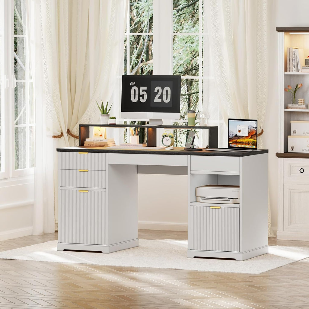 Fluted Desk with Drawers, 63' Home Office Executive Desk with Lift Top, Filing Cabinet, Gaming Desk Charging Station, Sensor Lights, Computer Table with Monitor Stand, White