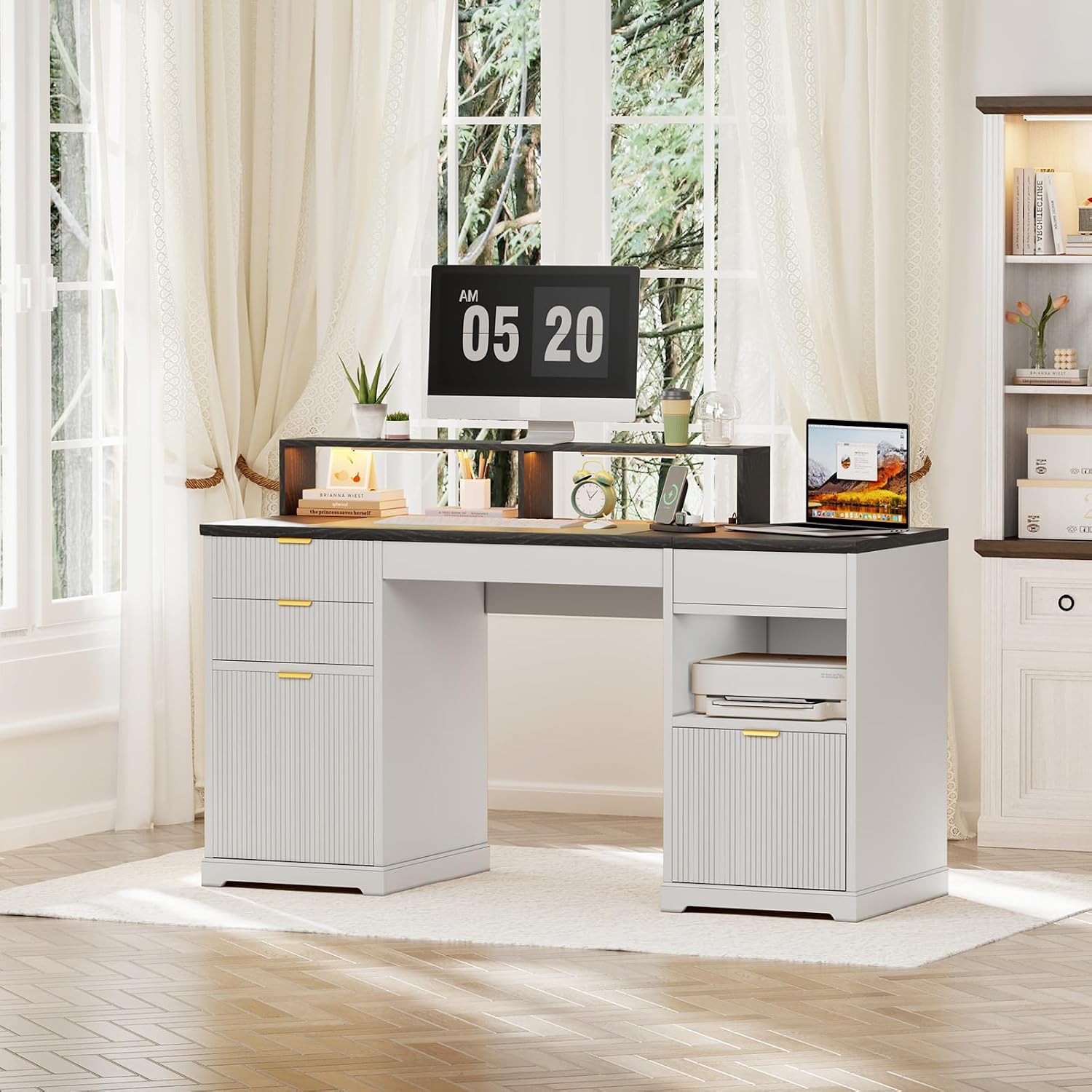 Fluted Desk with Drawers, 63' Home Office Executive Desk with Lift Top, Filing Cabinet, Gaming Desk Charging Station, Sensor Lights, Computer Table with Monitor Stand, White