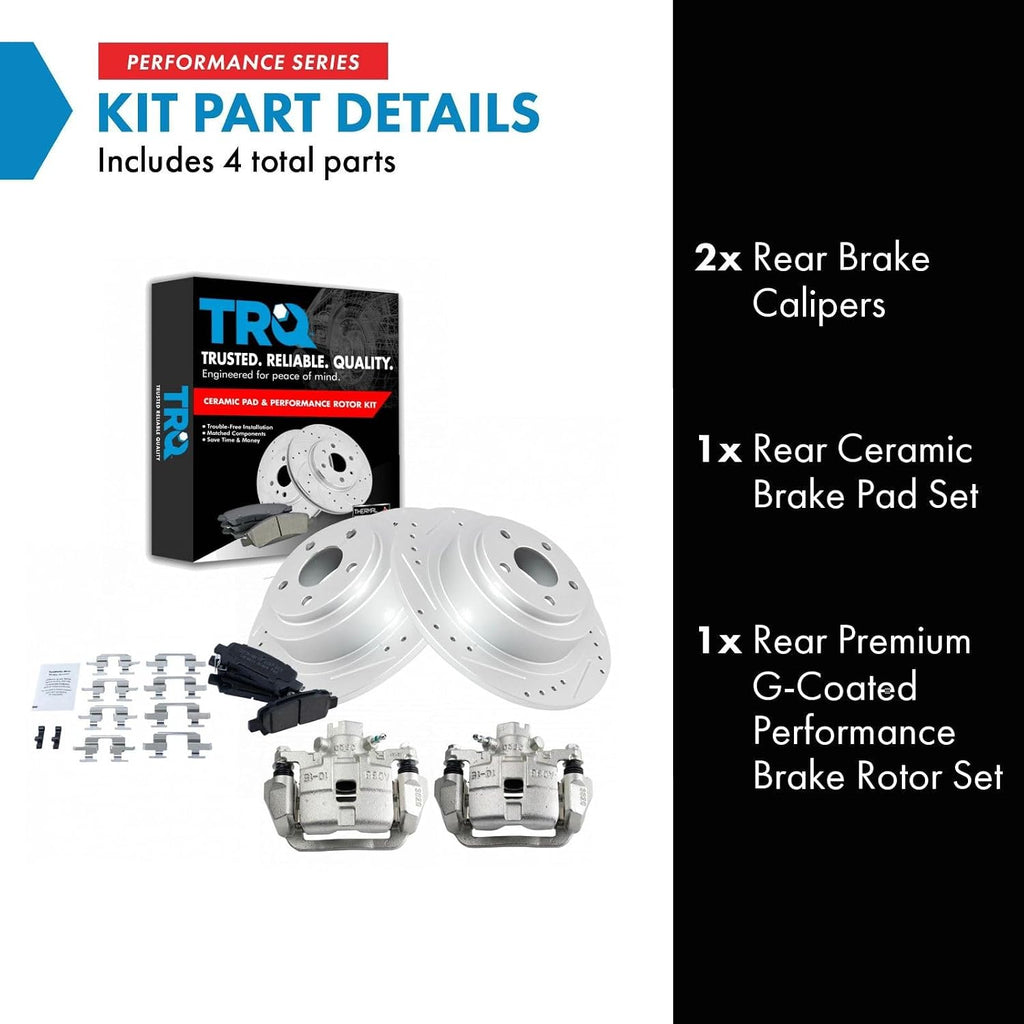 TRQ Performance Rear Brake Pad and Rotor Set Ceramic Drilled Slotted Coated Rotors Calipers Compatible with 2003-2006 Subaru Baja 2000-2004 Outback