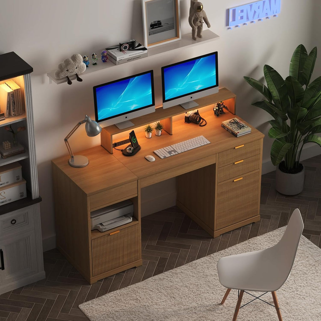 Fluted Desk with Drawers, 63' Home Office Executive Desk with Lift Top, Filing Cabinet, Gaming Desk Charging Station, Sensor Lights, Computer Table with Monitor Stand, Natural Wood