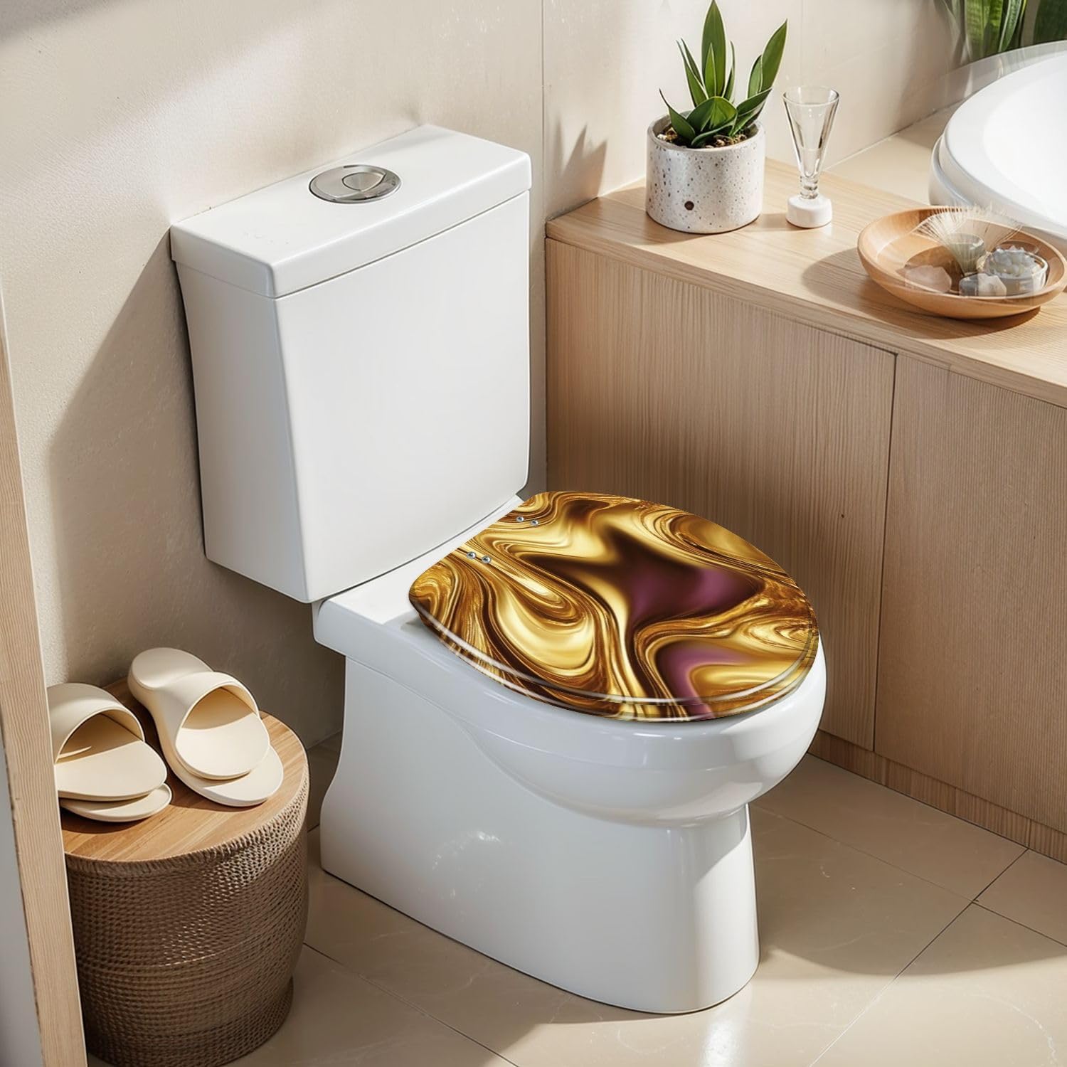 Elongated Toilet Seat Liquid abstract swirl fluid gold silver bronze Resin Toilet Seat Slow Quiet Close Lid with Quick-Release Hinges Cover Bumpers Easy to Clean Install