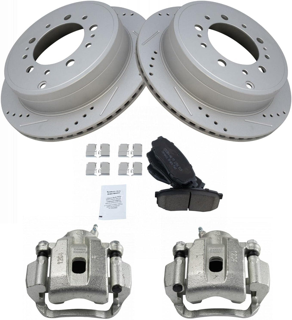 TRQ Performance Rear Brake Pad and Rotor Set Ceramic Drilled Slotted Coated Rotors Calipers Compatible with 2008-2015 Toyota Sequoia 2007-2015 Tundra