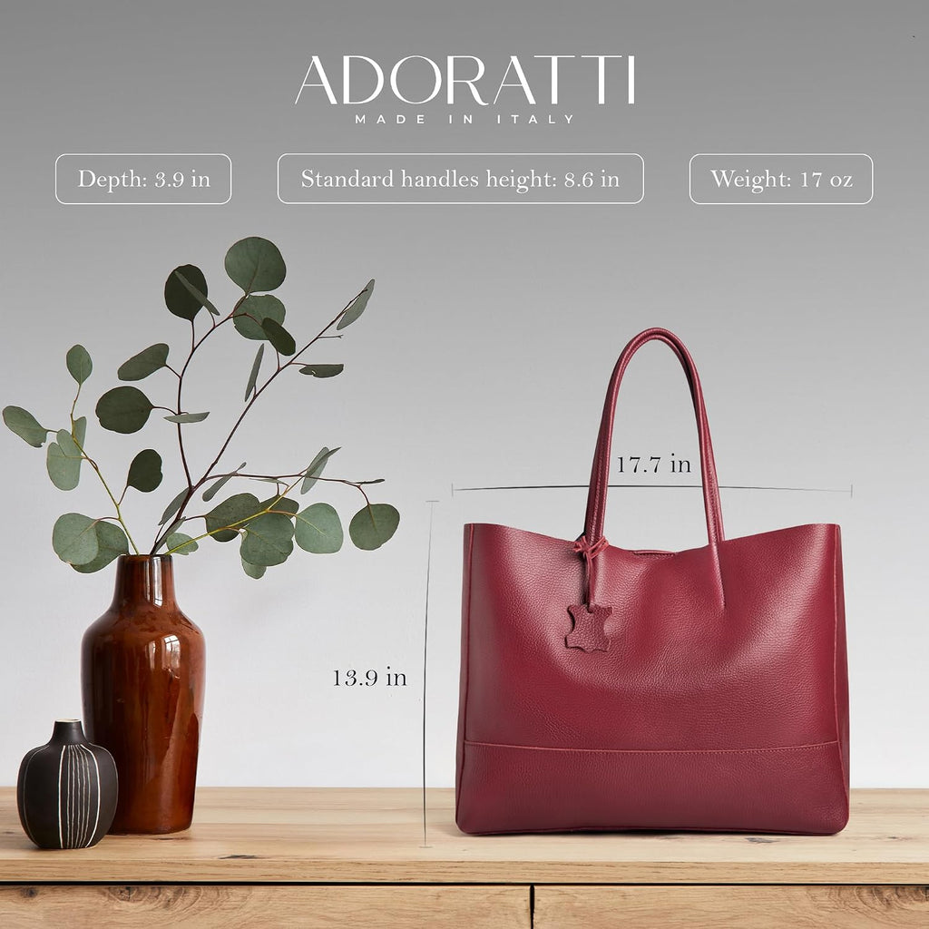 Italian Leather Tote Bag for Women - Large Shoulder Shopper, Fits 16' Laptop, Keychain Holder, Made in Italy
