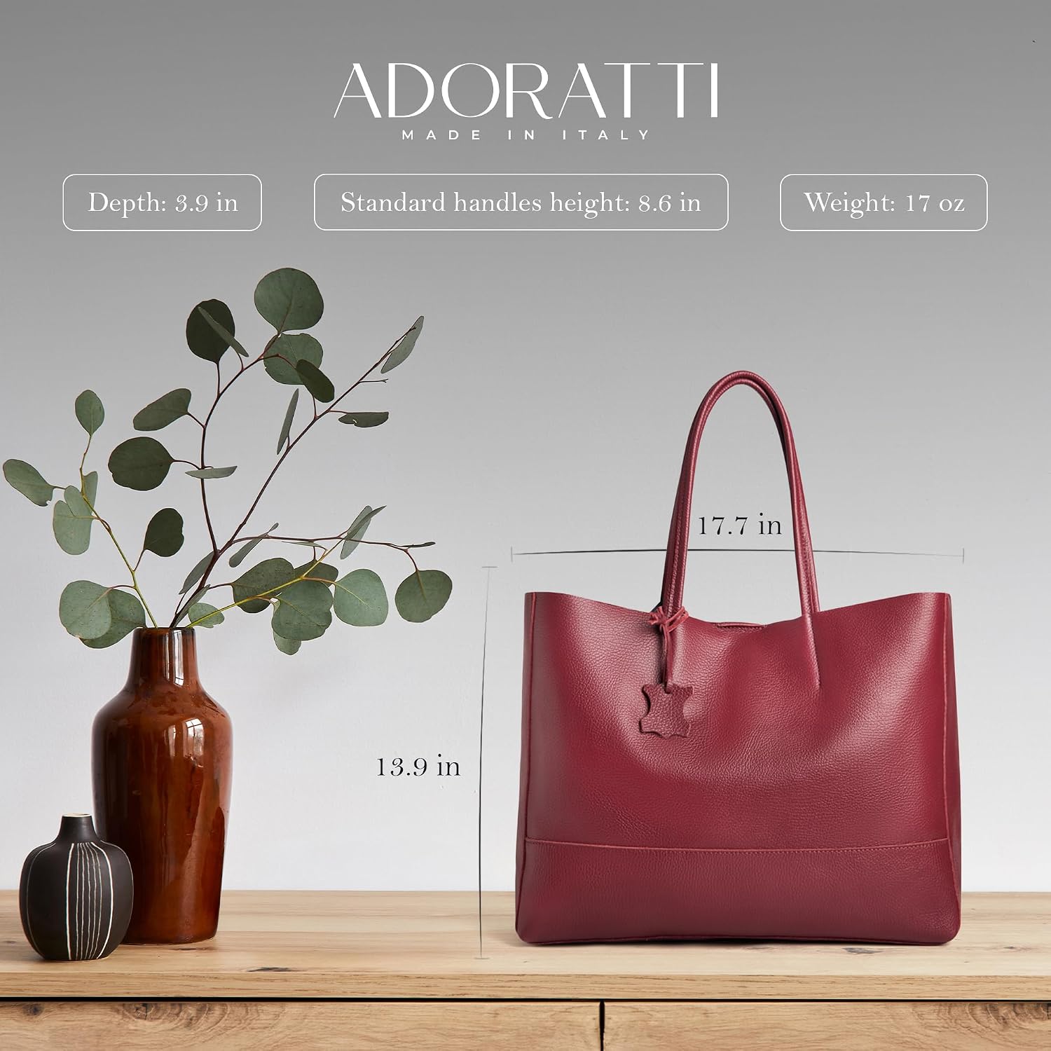 Italian Leather Tote Bag for Women - Large Shoulder Shopper, Fits 16' Laptop, Keychain Holder, Made in Italy