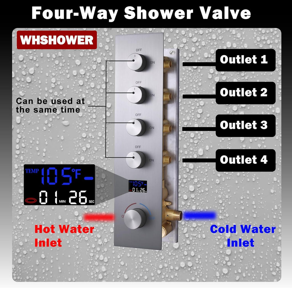 Brushed Nickel Ceiling Full Body Shower System With Dual Shower Heads 12' Top Shower & 8' Side Spray Hand Shower and Waterfall Tub Spout,Digital Display Shower Set