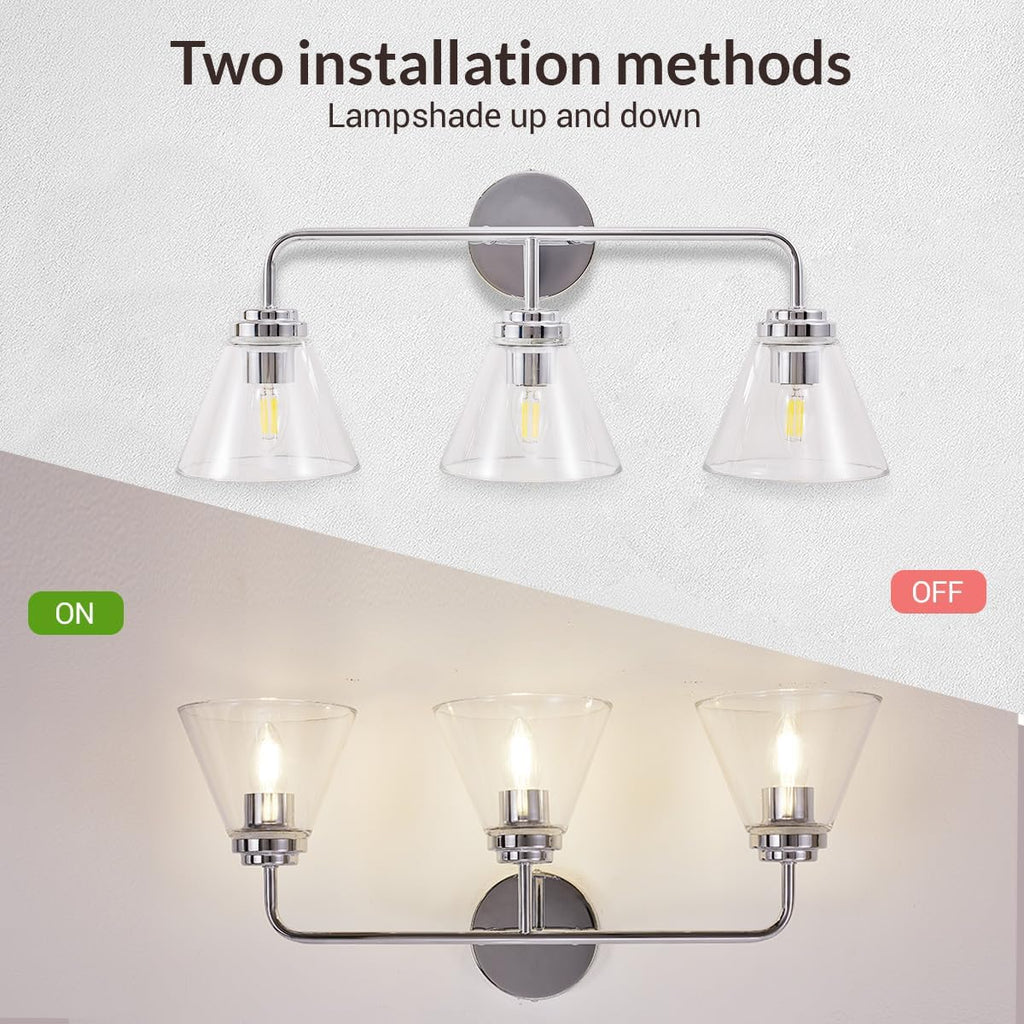 ANDY STAR Vanity Lights for Bathroom 3 Light - Chrome Bathroom Light Fixtures with Clear Cone-Shaped Glass, Polished Modern Geometric Design Wall Lights for Hallway, Bedroom, E26 Base (No Bulbs)