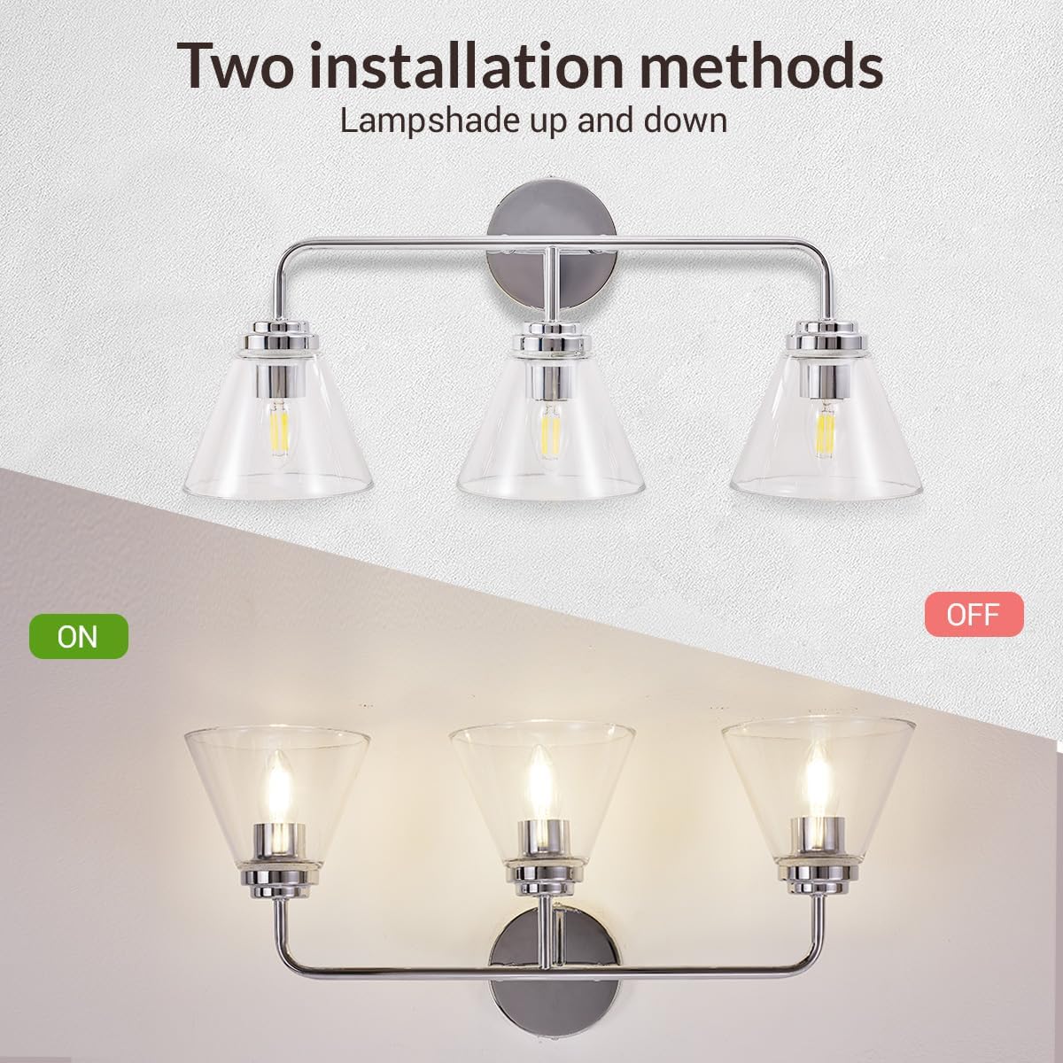 ANDY STAR Vanity Lights for Bathroom 3 Light - Chrome Bathroom Light Fixtures with Clear Cone-Shaped Glass, Polished Modern Geometric Design Wall Lights for Hallway, Bedroom, E26 Base (No Bulbs)