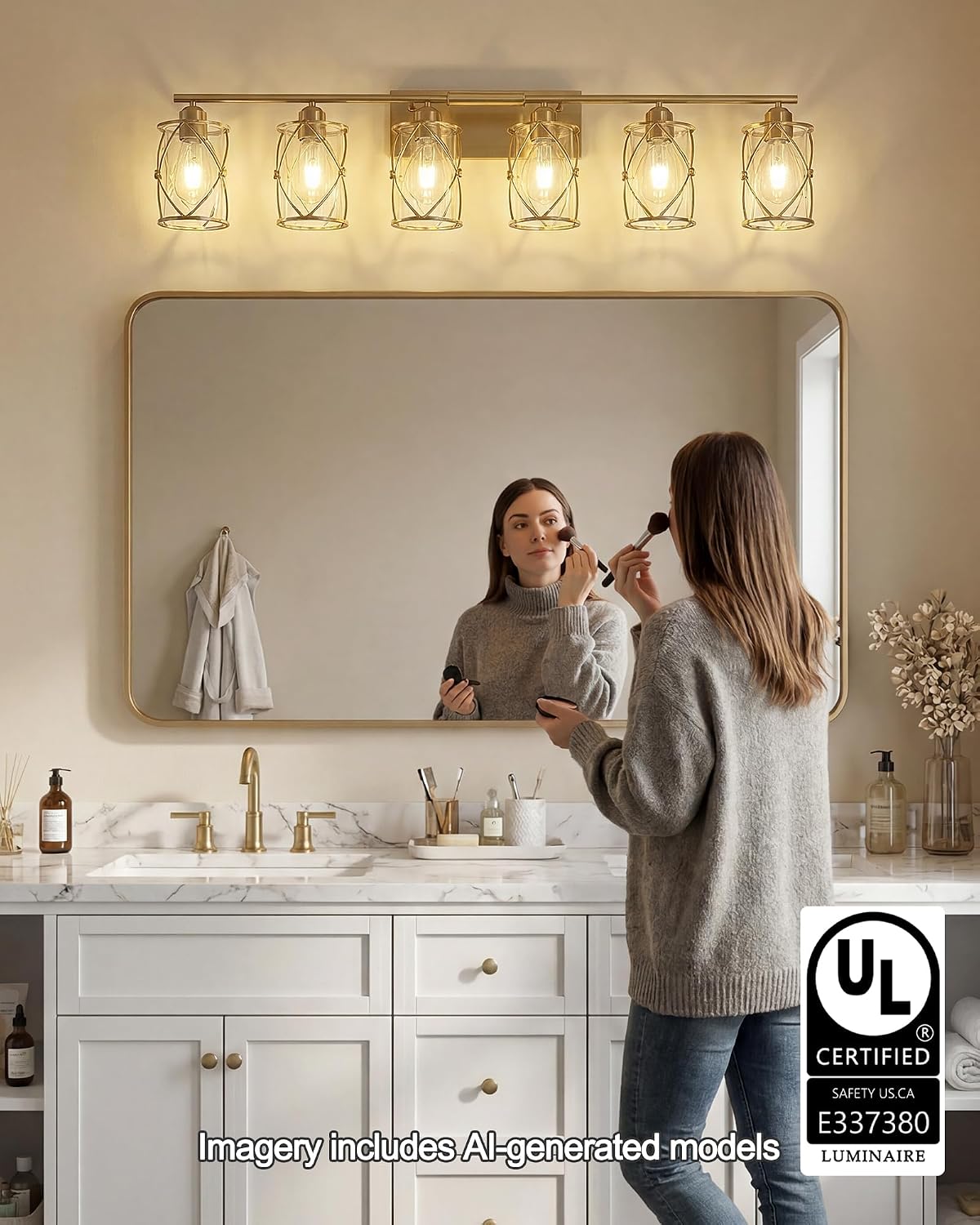 6-Light Brushed Gold Bathroom Light Fixtures Over Mirror, 42' UL-Listed Modern Wall Sconce Lights with Clear Glass and Metal Cage for Bath, Hardwire E26, CH9176BG-6W