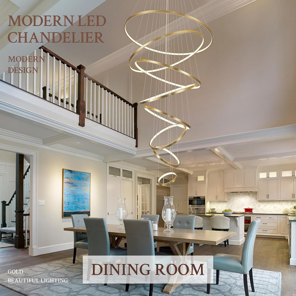 Modern LED Chandelier 8 Rings Dimmable Gold High Ceiling Chandelier Foyer, Large LED Contemporary Pendant Lighting for Staircase Entryway Living Room, D35in 3000K-6500K