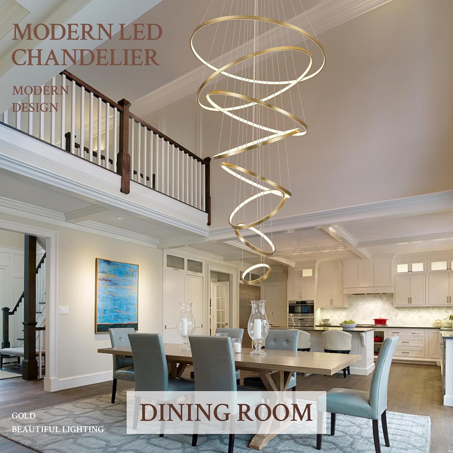 Modern LED Chandelier 8 Rings Dimmable Gold High Ceiling Chandelier Foyer, Large LED Contemporary Pendant Lighting for Staircase Entryway Living Room, D35in 3000K-6500K