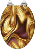 Elongated Toilet Seat Liquid abstract swirl fluid gold silver bronze Resin Toilet Seat Slow Quiet Close Lid with Quick-Release Hinges Cover Bumpers Easy to Clean Install