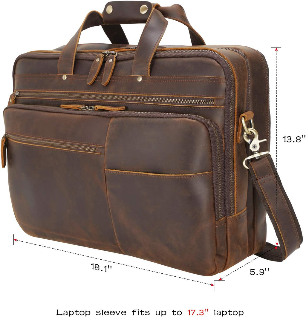 Polare X-Large 18' Full Grain Leather Briefcase For Men Business Travel Case Messenger Bag Fits 17.3' Laptop