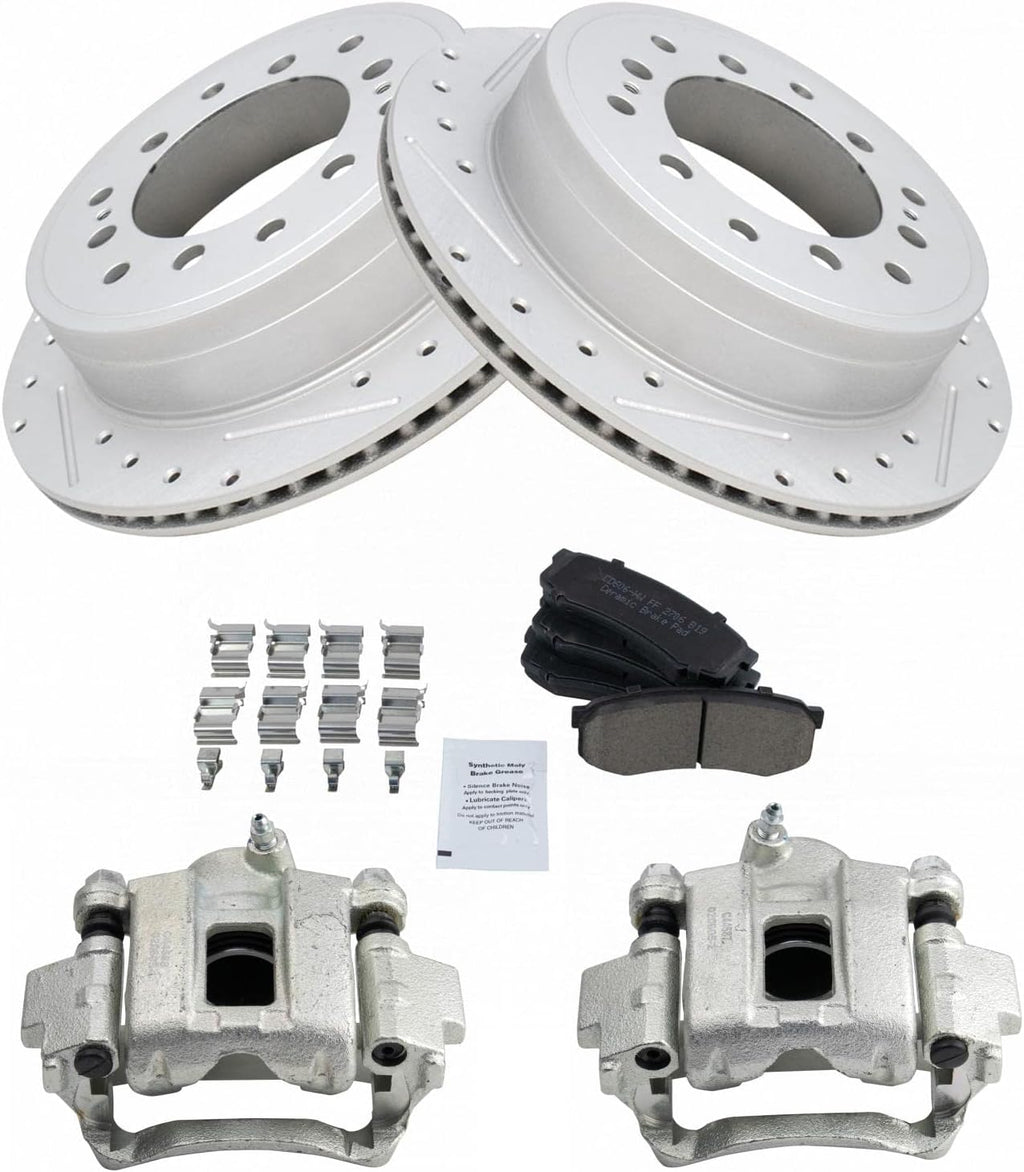 TRQ Performance Rear Brake Pad and Rotor Set Ceramic Drilled Slotted Coated Rotors Calipers Compatible with 2010-2020 Lexus GX460 2010-2018 Toyota 4Runner