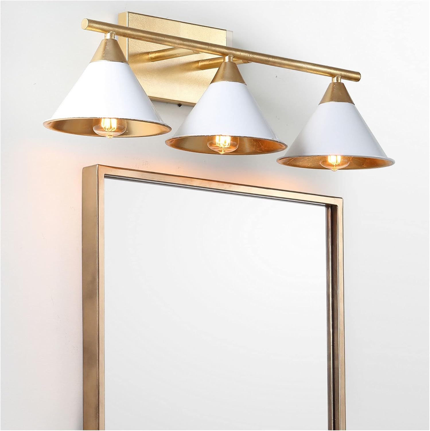 JONATHAN Y 25' White/Gold Modern Metal Vanity Light Wall Sconce for Bathroom Mirror, Bedroom, Hallway, White Metal Cone Shade, UL Listed, Hardwired, LED Bulb Included (JYL9014A)