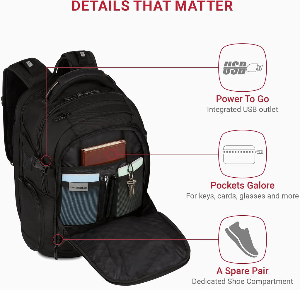 SwissGear Travel Tech Elite Laptop Backpack – Fits Laptops up to 16' – ScanSmart TSA-Friendly Backpack with USB Port, Shoe Compartment & Organizer Pockets – Black