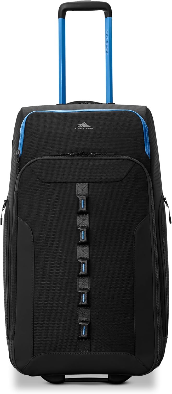 High Sierra Hi-Life 28-Inch Medium Wheeled Duffle - Features Smooth Rolling Wheels, WetPak Pockets, Stack-It Strap, Adjustable Handle, Fleece Pocket, Padded Laptop Sleeve, Expandable - Black/Blue