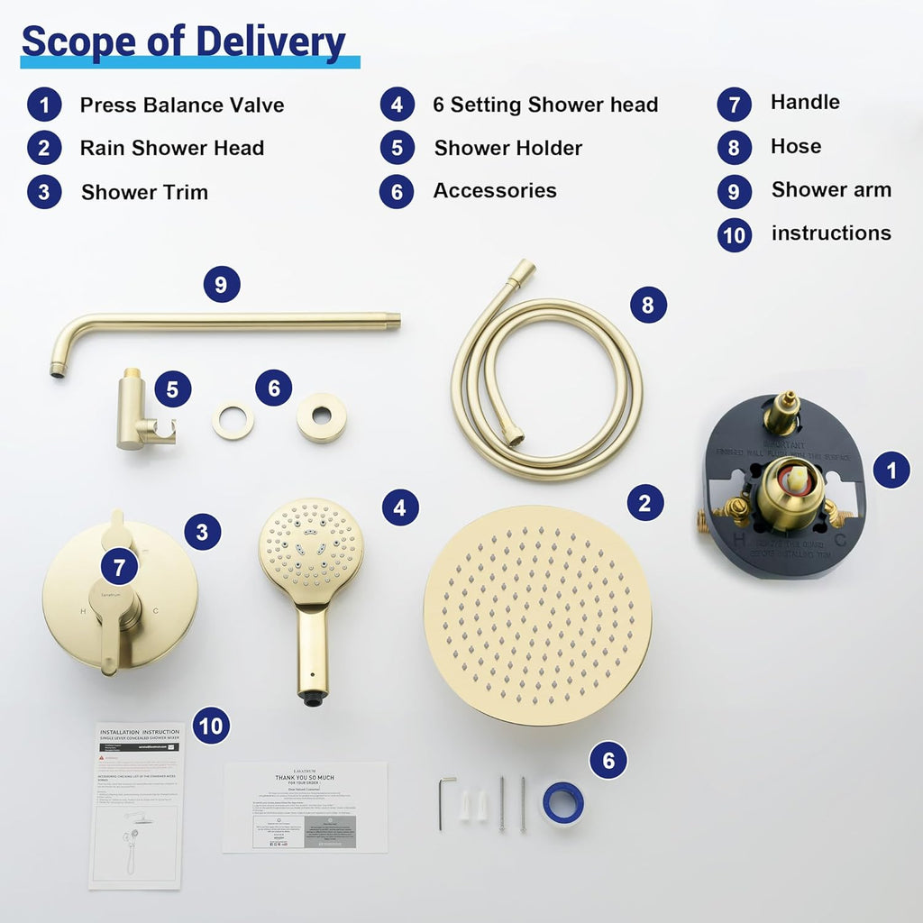 Brushed Gold Shower Faucet Set with Valve 10 Inches High Pressure Shower Head Combo Set Wall Mount Rain Shower Head System with 6 Function Handheld