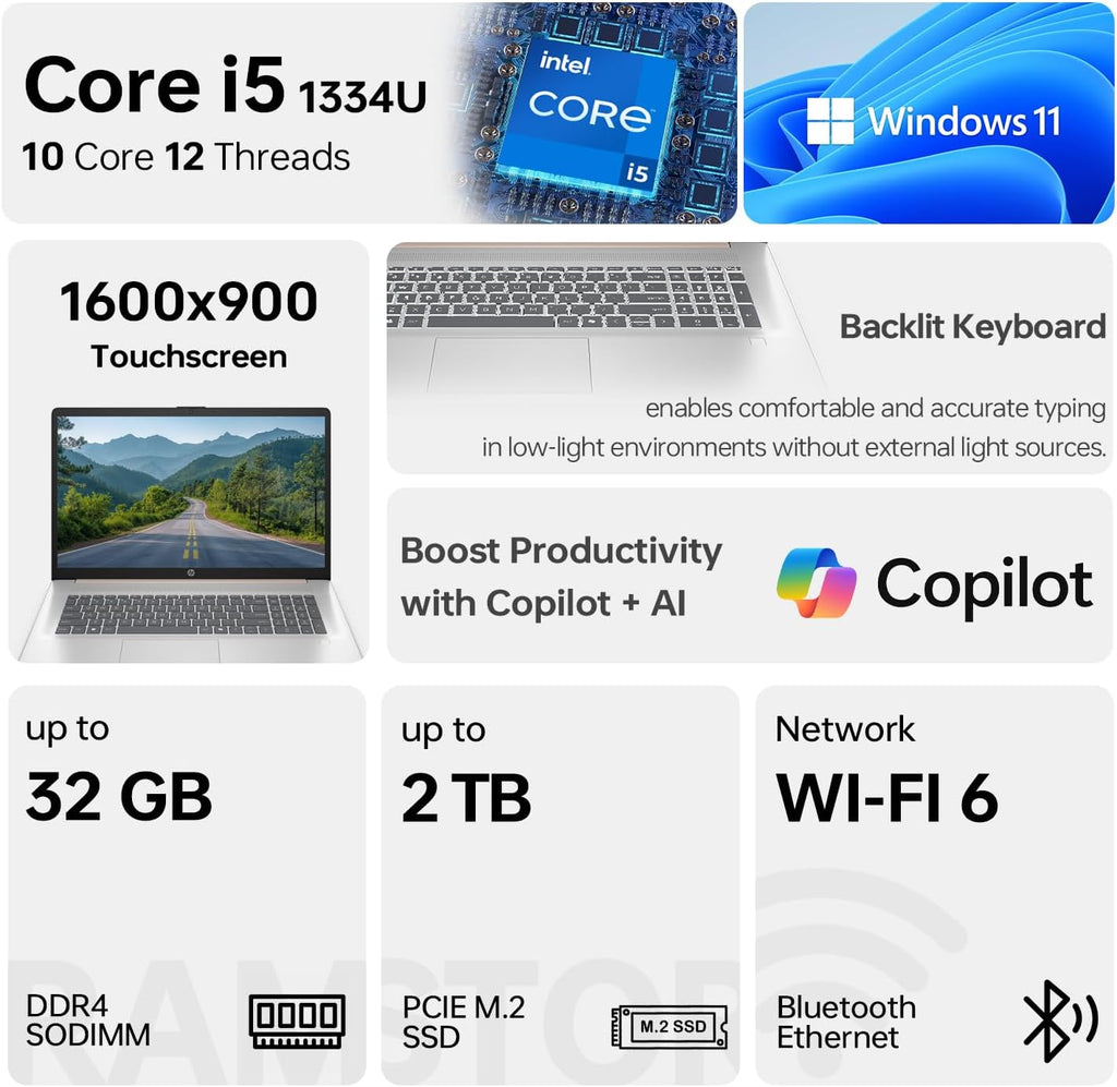 HP 17t Premium Rose Gold Laptop, 17.3' HD+ Touchscreen, Intel Core i5-1335U, 16GB RAM, 1TB SSD, Webcam, FP Reader, Backlit KB, HDMI, Wi-Fi 6, Windows 11 Home
