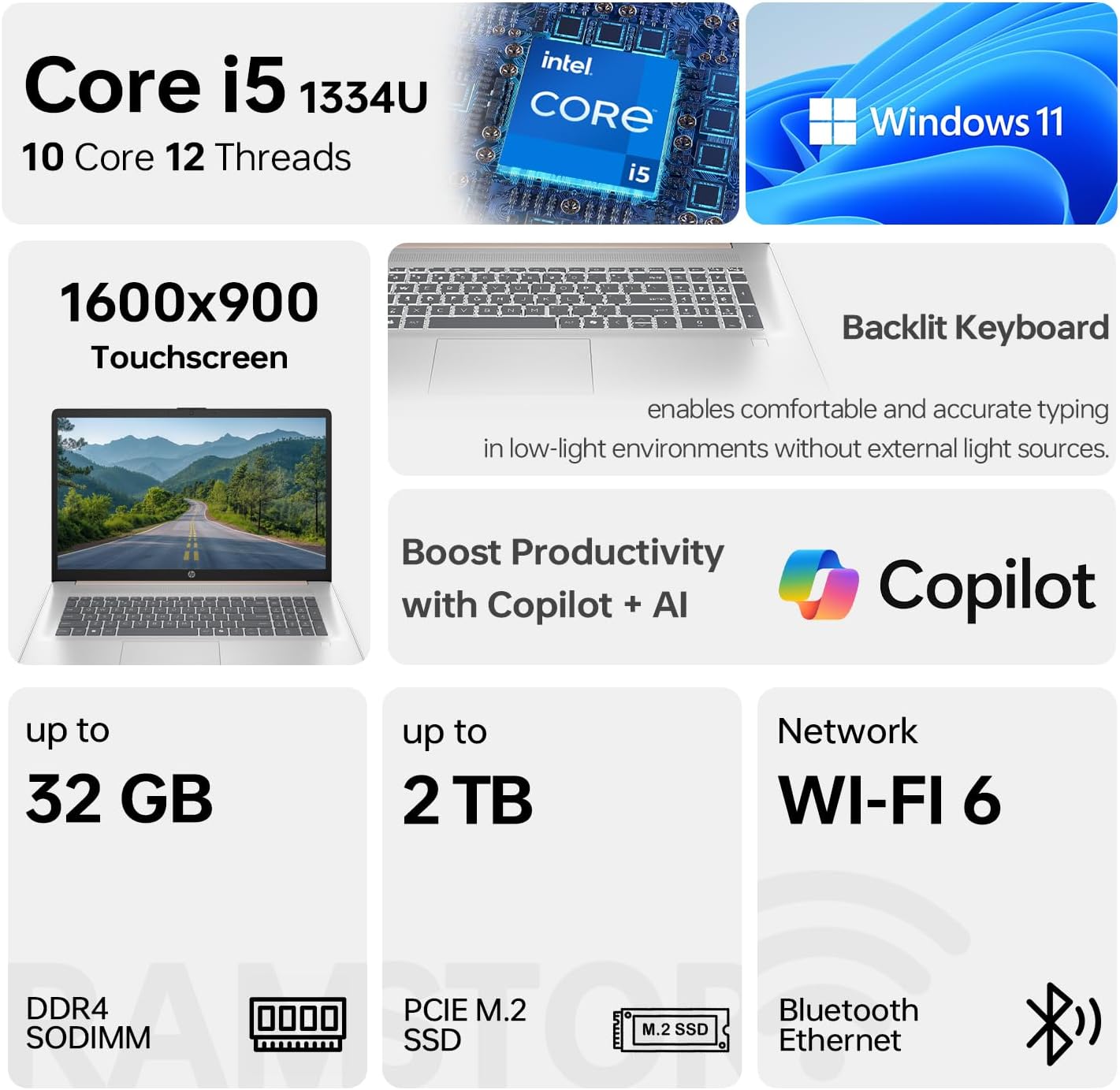 HP 17t Premium Rose Gold Laptop, 17.3' HD+ Touchscreen, Intel Core i5-1335U, 16GB RAM, 1TB SSD, Webcam, FP Reader, Backlit KB, HDMI, Wi-Fi 6, Windows 11 Home