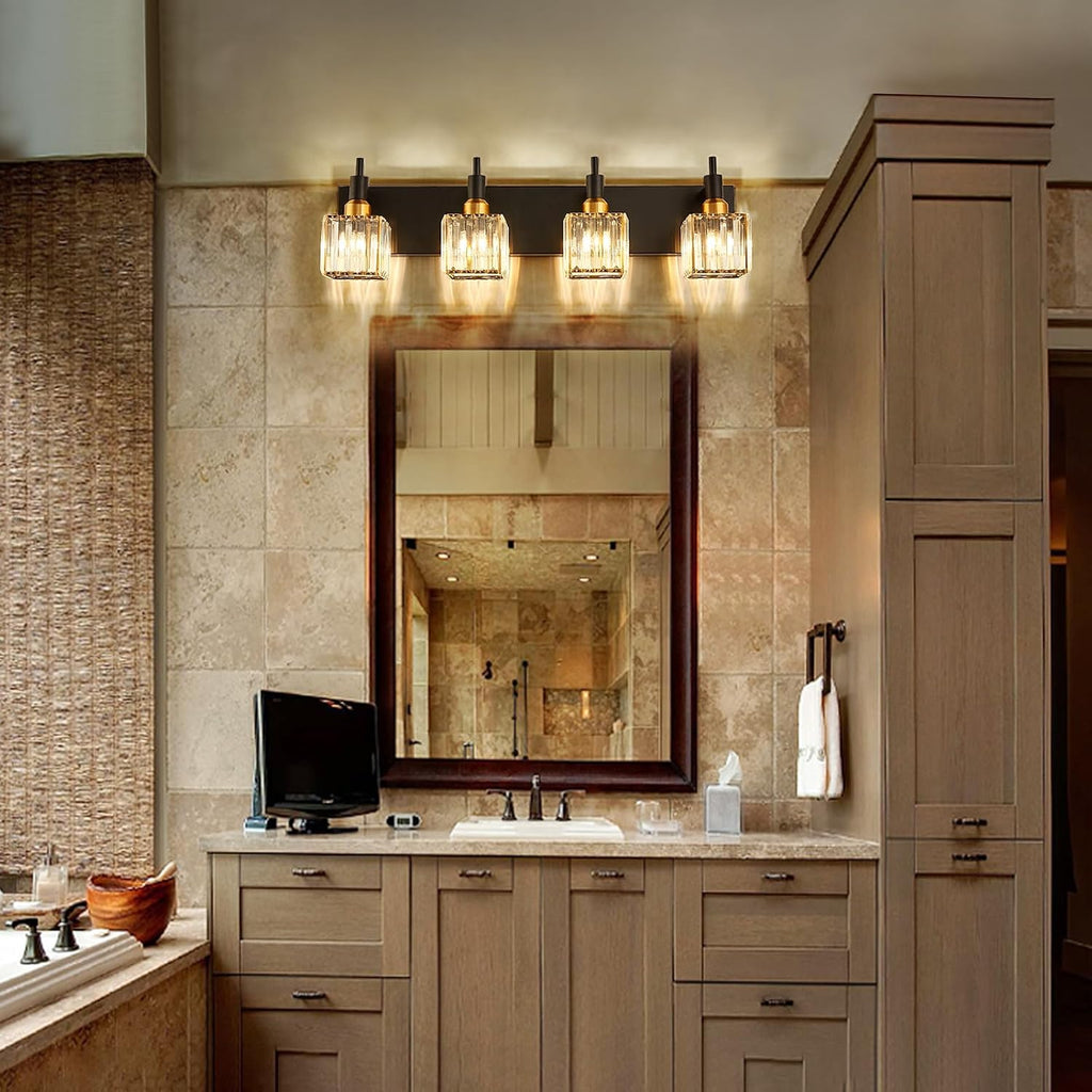 Gold Black Crystal Bathroom Lighting Fixtures, 4 Light Brass Modern Crystal Bathroom Vanity Lights Over Mirror Brass Bath Light