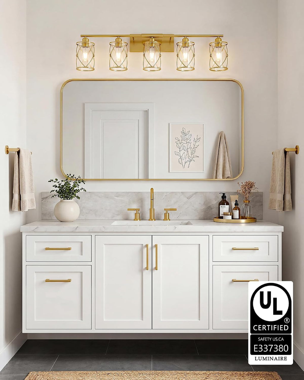 5-Light Brushed Gold Bathroom Light Fixtures Over Mirror, 38' UL-Listed Modern Wall Sconce Lights with Clear Glass and Metal Cage for Bath, Hardwire E26, CH9176BG-5W