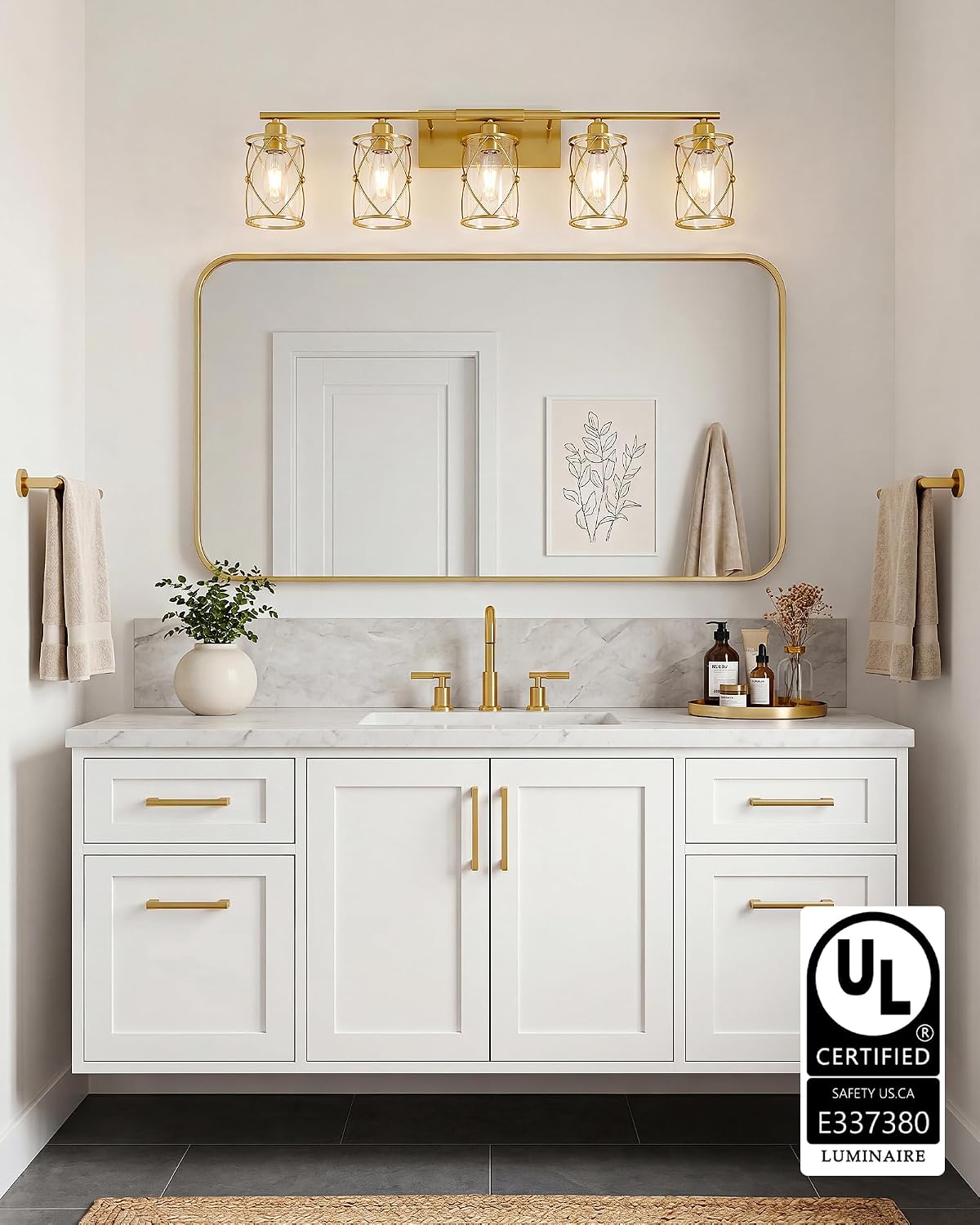5-Light Brushed Gold Bathroom Light Fixtures Over Mirror, 38' UL-Listed Modern Wall Sconce Lights with Clear Glass and Metal Cage for Bath, Hardwire E26, CH9176BG-5W