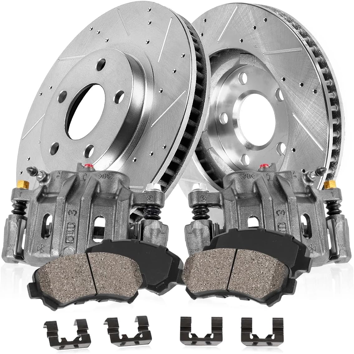 Callahan BRAKE PARTS Front Replacement Calipers + [2] Drilled Slotted Rotors and Ceramic Brake Pads Brake Kit For Chevy Silverado 1500HD Suburban 2500 GMC Savana 2500 Sierra 2500 Yukon XL Hummer H2