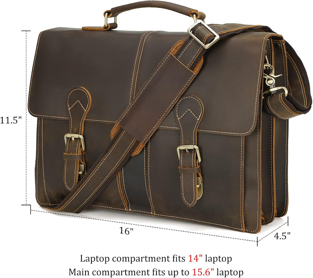 Polare 16' Full Grain Leather Messenger Bag Laptop Briefcase Bag Professional Work Bag For Men with YKK Zippers