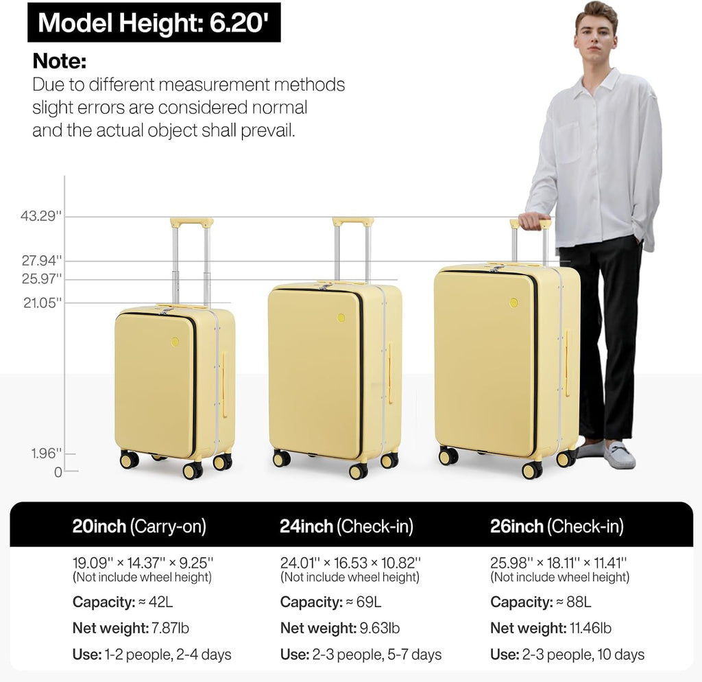 mixi 20 Inch Carry On Luggage 22x14x9 Airline Approved PC Hard Shell Suitcase Top Opening Aluminum Frame Travel Suitcases with Wheels, Lark Yellow