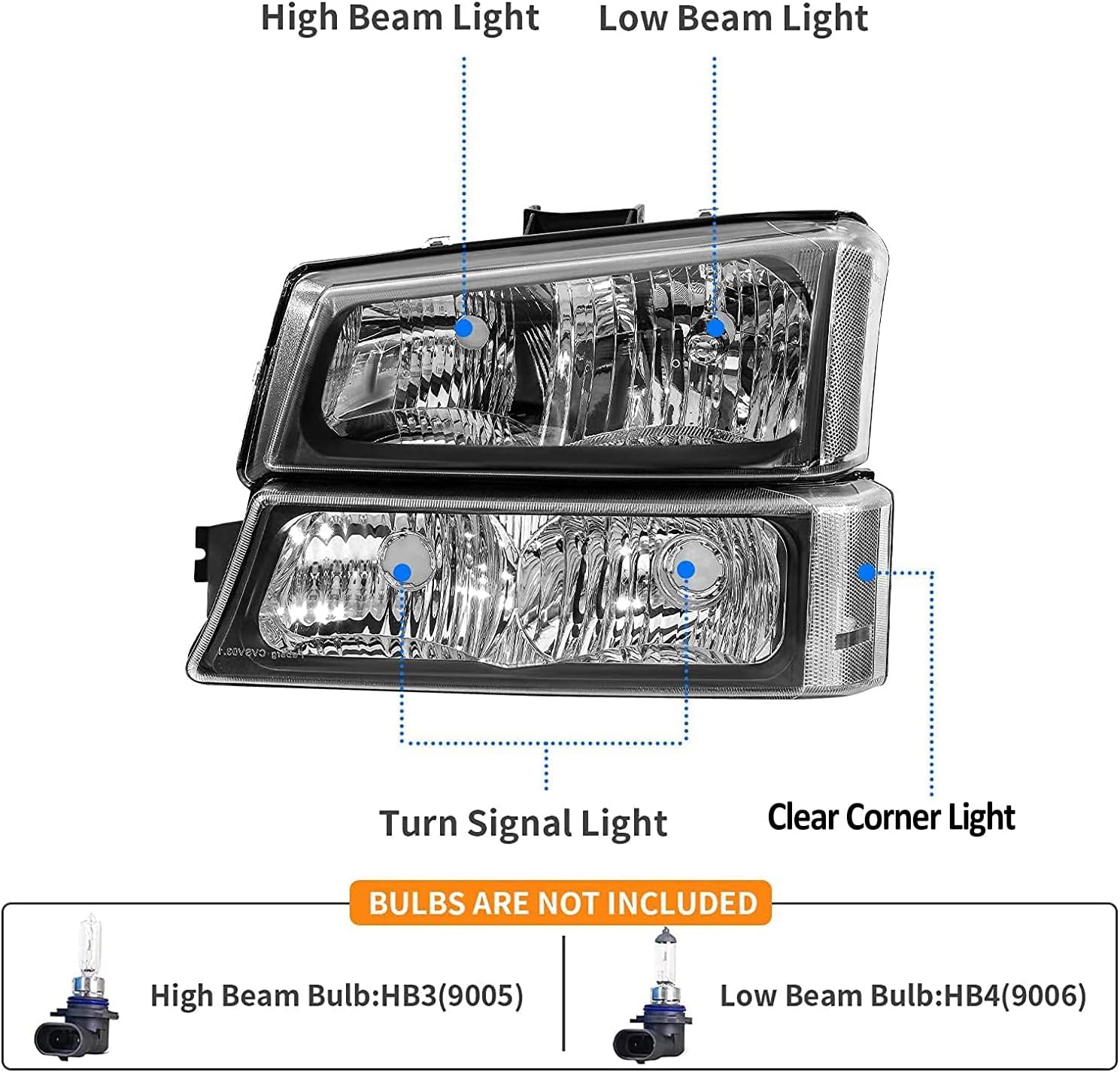 Headlights Tail Lights Assembly Kit for 2003-2006 Chevy Silverado 1500 2500/2007 Chevy Silverado Classic, Headlamp w/Rear Brake Lamp Taillight, Black Housing Clear Corner