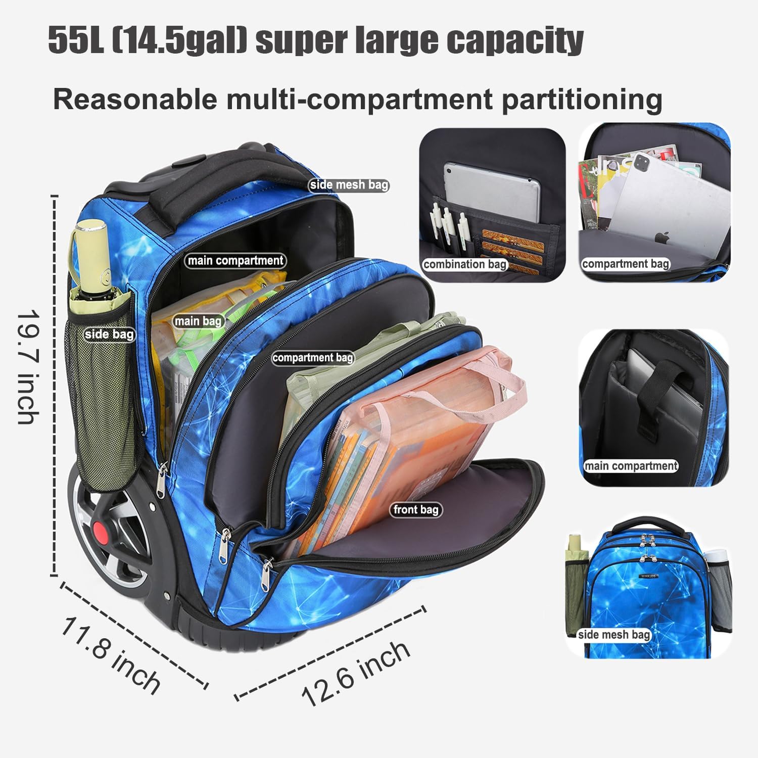 Rolling Backpack, 55L (14.5gal) Backpack with Wheels for Business, Waterproof Backpacks with Dual Handles and Silent Large Wheels, Carry on Backpack with Laptop Compartment (Blue,22 inch)