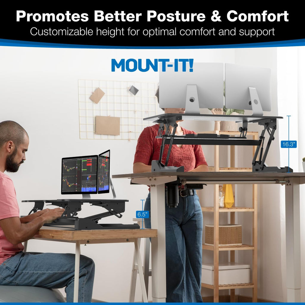 Mount-It! Standing Desk Converter - Height Adjustable Stand Up Desk with Gas Spring Riser - Wide 36 Inch Sit Stand Workstation Fits Dual Monitors – Black (MI-7926)