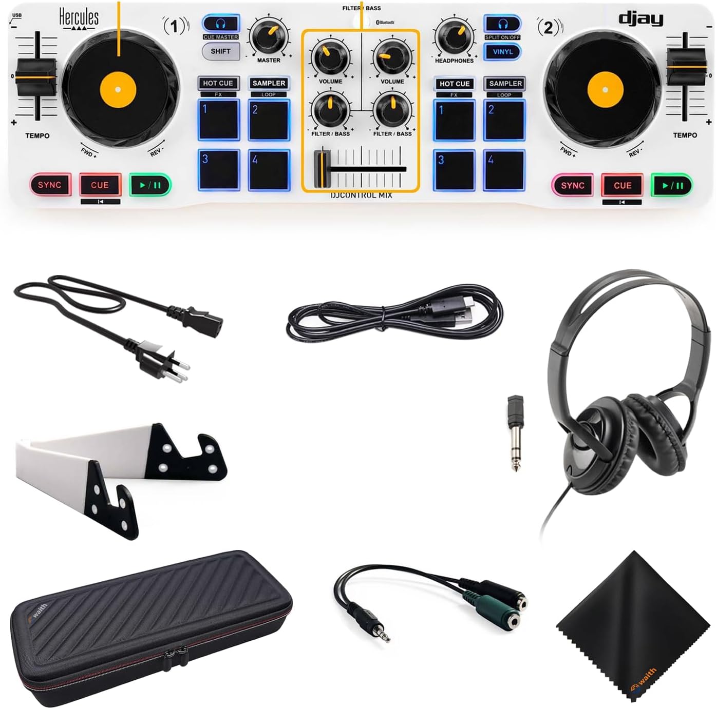 Hercules DJ Control Mix - Blue Wireless Bluetooth DJ Controller with Over Ear Headphones (Black), Waith Control Mix Case and Waith Cleaning Cloth - Algoriddim djay Software Included (Bundle Set)