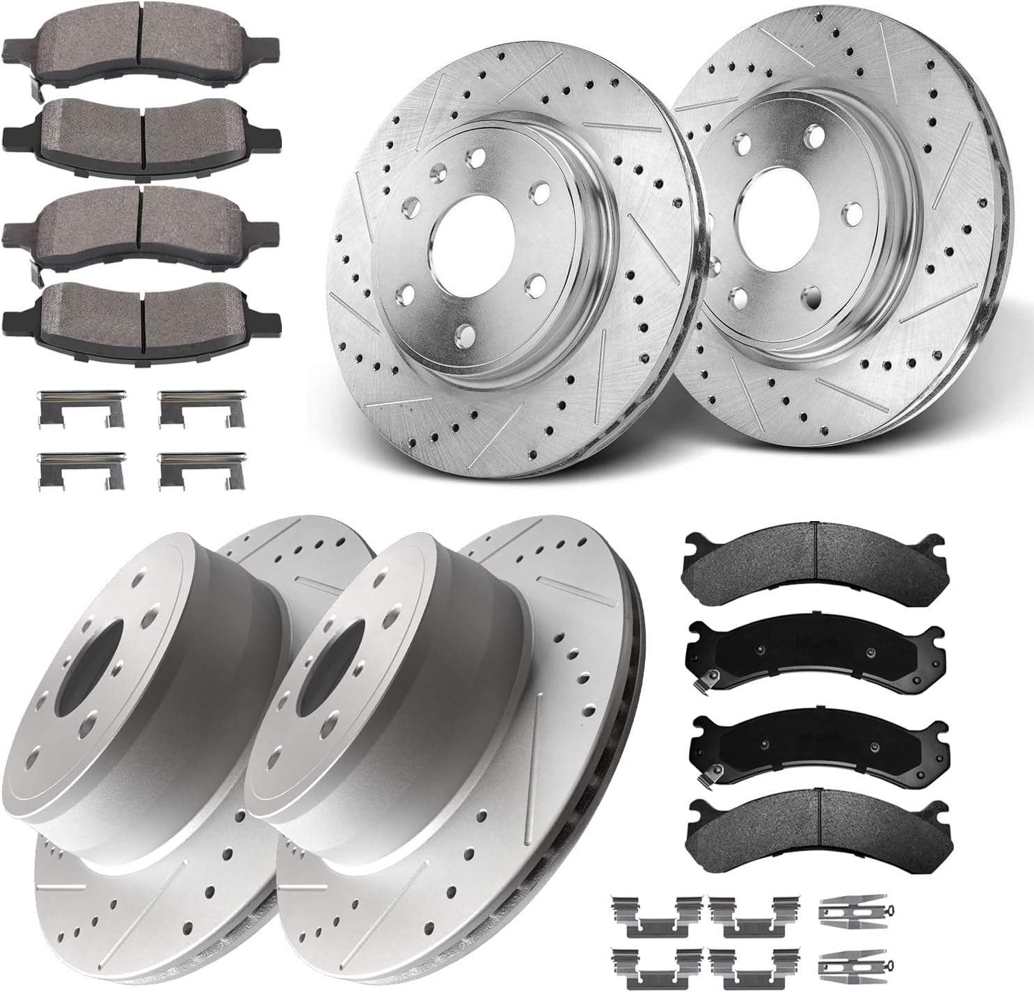 Brake Kit Replacement for 2001 2002 2003 2004 2005 2006 GMC Sierra Yukon XL Chevy Silverado 1500, Rotors and Brake Pads Front and Rear, Drilled Slotted 12.00' Front and 12.99' Rear Brakes