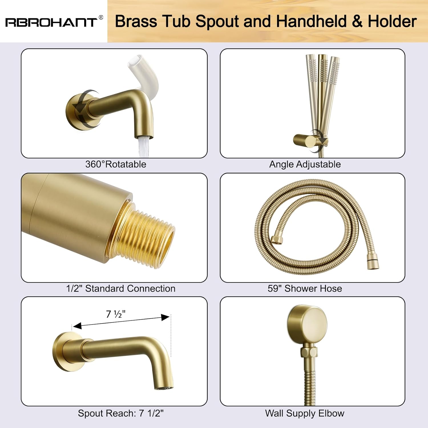 RBROHANT Brushed Gold Shower System with Tub Spout, Brass Bathtub Shower Faucet Set with 3 Way Rough-in Valve,10 Inch Round Shower Head Set with Tub Spout and Handheld, JK0299