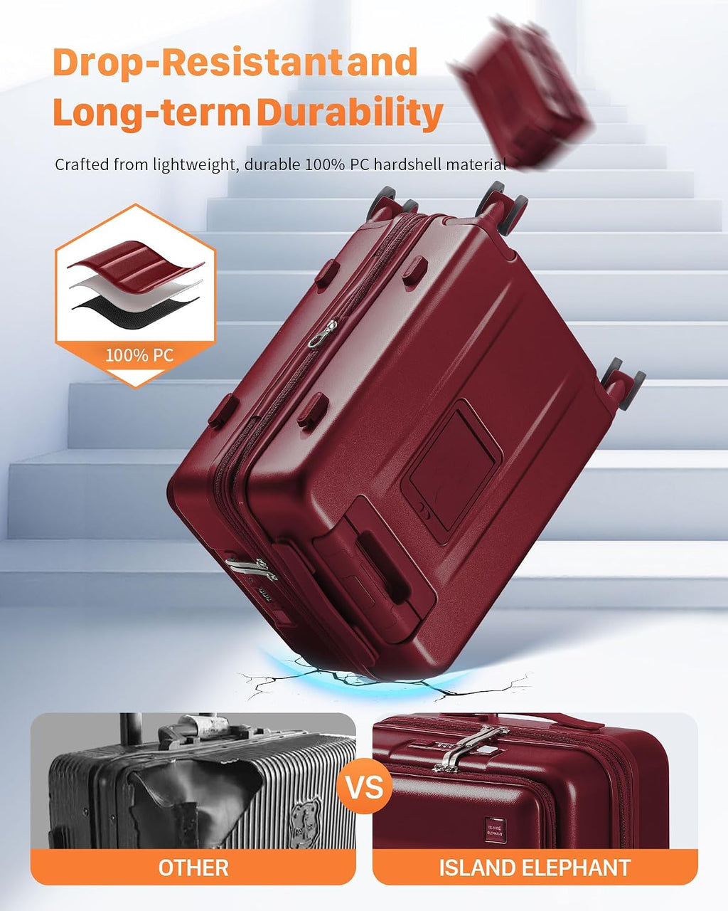 Expandable 20Inch Carry On Luggage Airline Approved - Front Pocket Travel Suitcase 100% PC Unbreakable -with Cup Holder,USB Charge,Side Pothook, 360°Spinner Wheels, TSA Lock-Wine Red