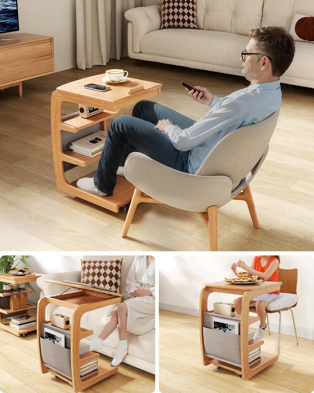 AQIMUELE Wooden C-Shaped End Table,Couch Desk with 2 Lockable Wheels,4-Tier Couch Table with Storage Bag,Small Rolling Side Table Tv Trays for Couch, Living Room,Bedroom (Natural)