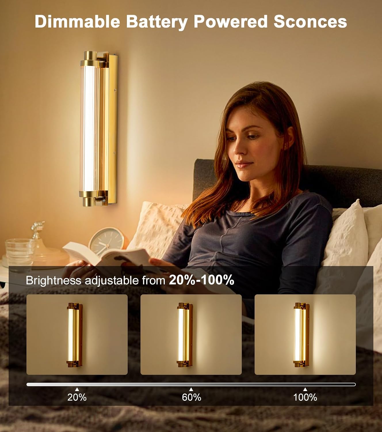 Battery Operated Wall Sconce Wall Decor Set of 2, Gold Rechargeable Wall Sconces 15000mAh Detachable Battery Wall Light Modern No Hardwiring Portable Lighting for Wall Painting, Bedroom, Hallway