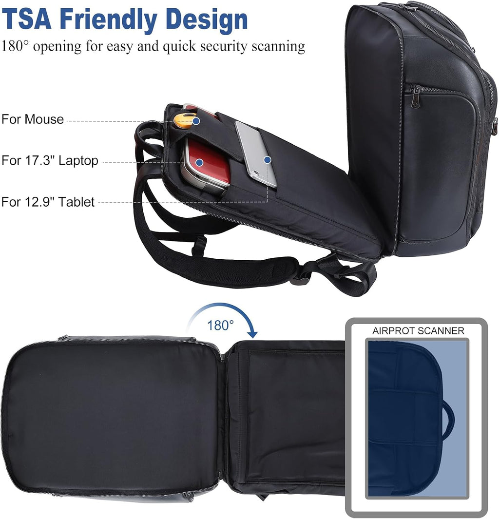 TIDING Genuine Leather Backpack for Men, 17.3 Inch Laptop Bag TSA Friendly Travel Rucksack Hiking Camping Daypack