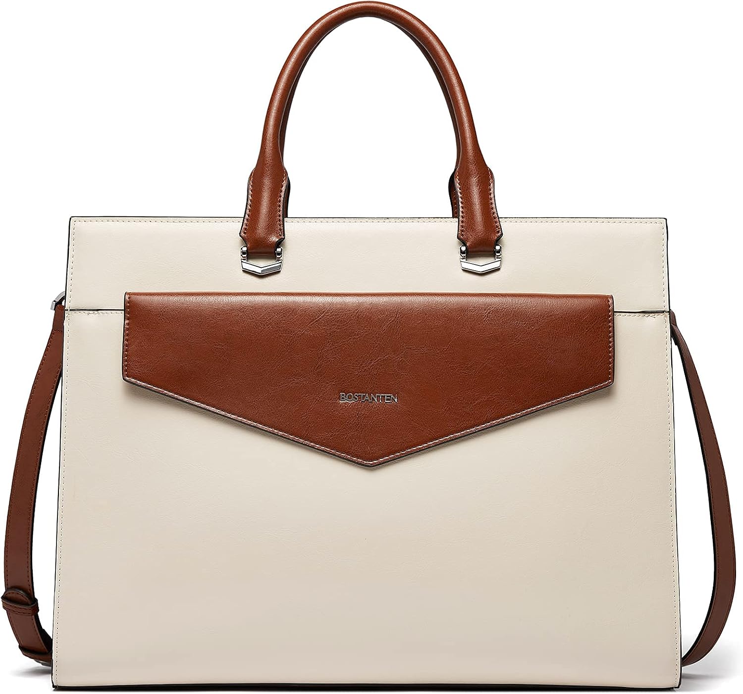 BOSTANTEN Briefcase for Women Laptop Tote 15.6 Inch Genuine Leather Handbag Work Bag Beige
