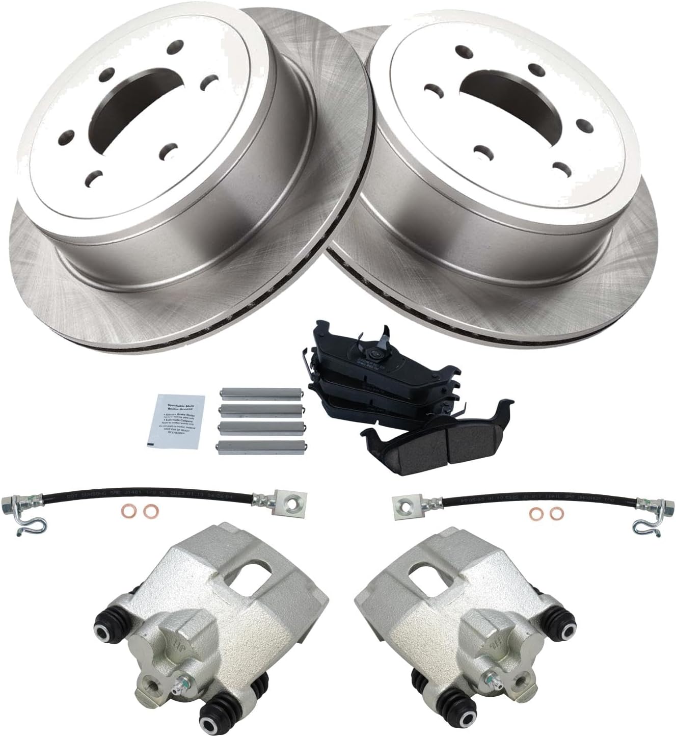 TRQ Rear Brake Pad and Rotor Set Ceramic Rotors Calipers Hose Compatible with 2004-2008 Ford F-150 2006-2007 Lincoln Mark LT