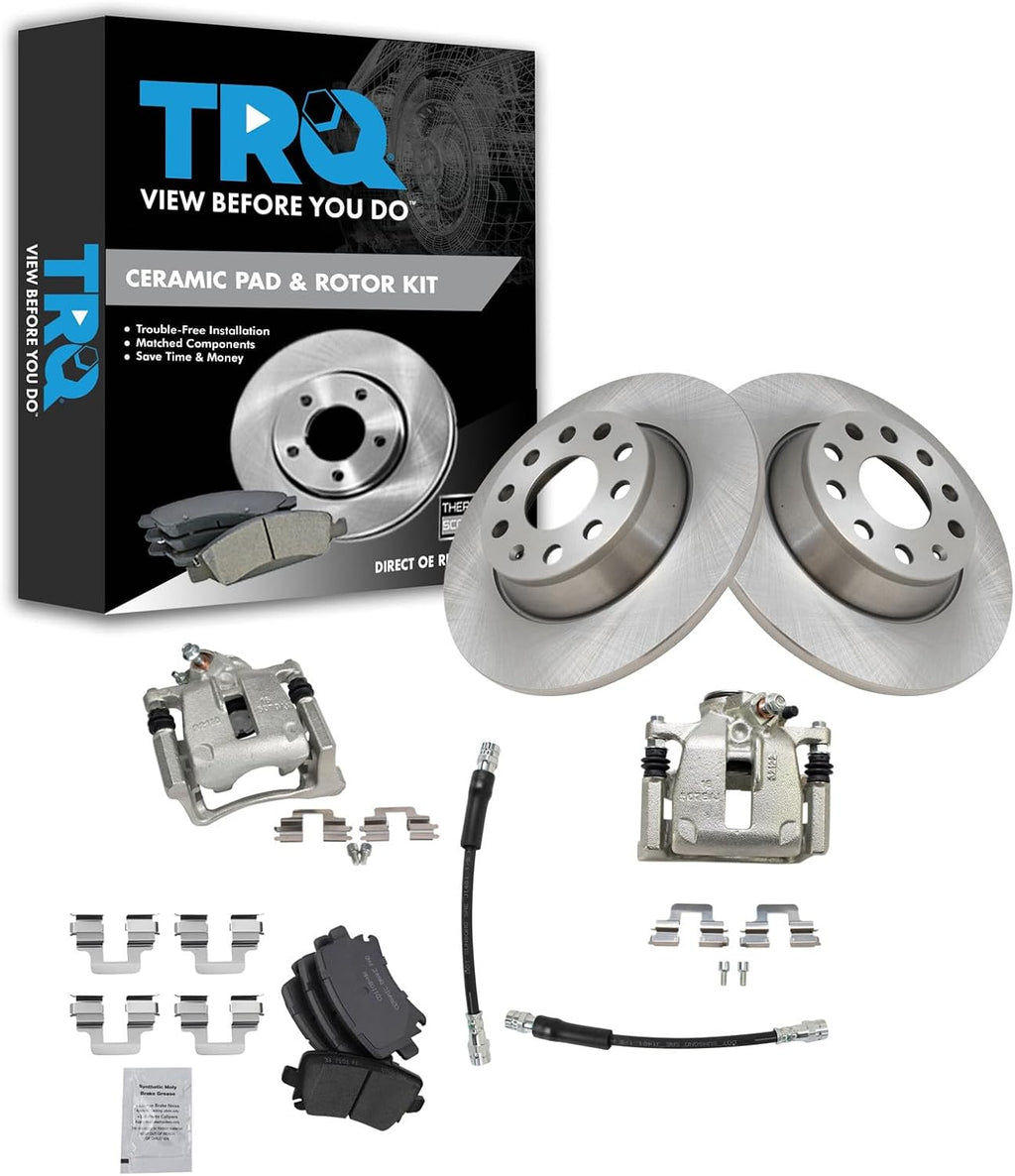 TRQ Rear Brake Pad and Rotor Set Ceramic Rotors Calipers Hoses Compatible with 2009-2016 Volkswagen CC 2009-2010 Passat