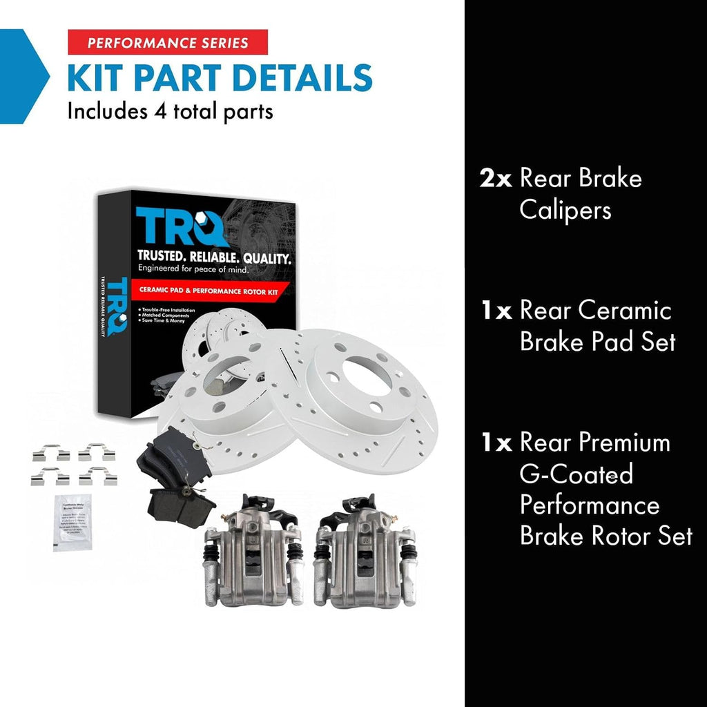 TRQ Performance Rear Brake Pad and Rotor Set Ceramic Solid Rotors Calipers Compatible with 2007-2010 Volkswagen Beetle