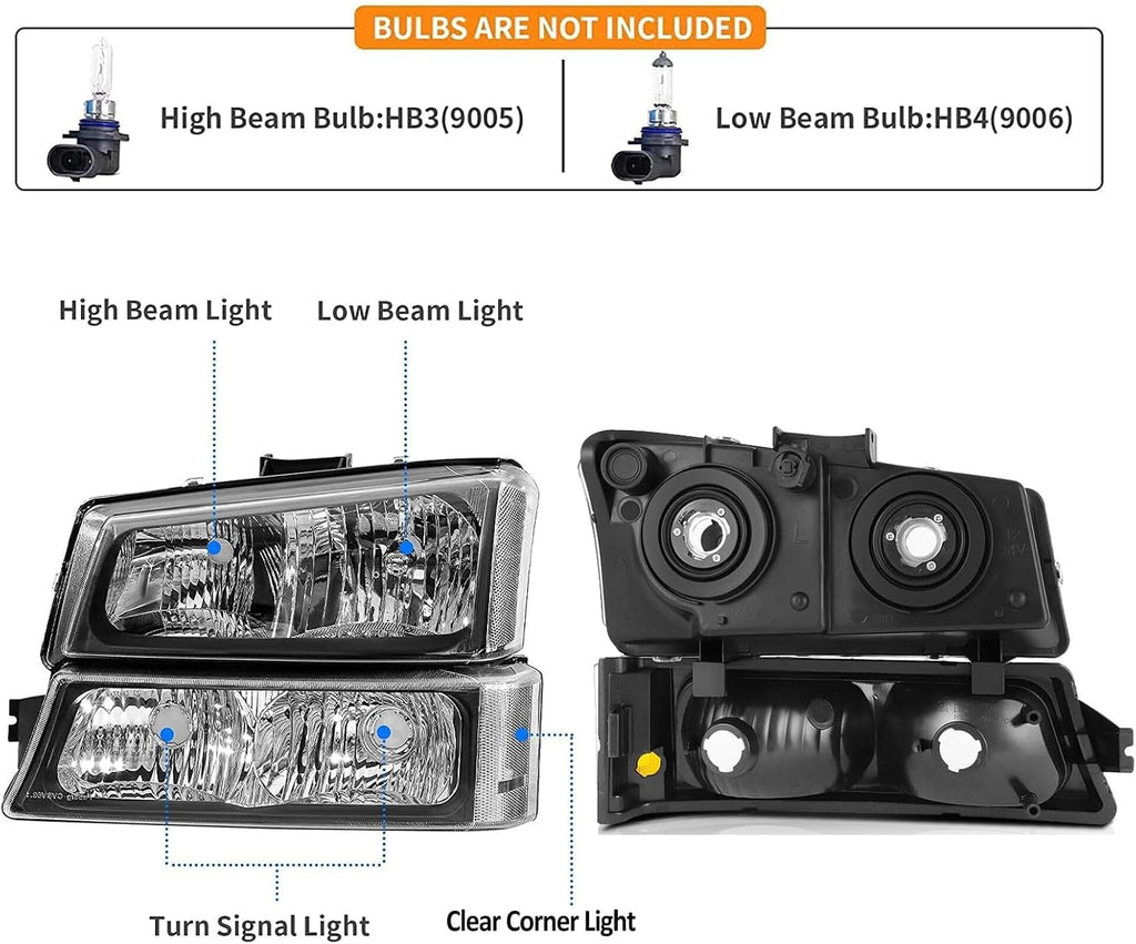 Headlights Tail Lights Assembly Kit compatible with 2003-2006 Chevy Silverado 1500 2500 (2007 Sivlerado Classic) Halgoen Headlamp w/Rear Brake Lamp Taillight, Black Clear L+R for 2003 2004 2005 2006
