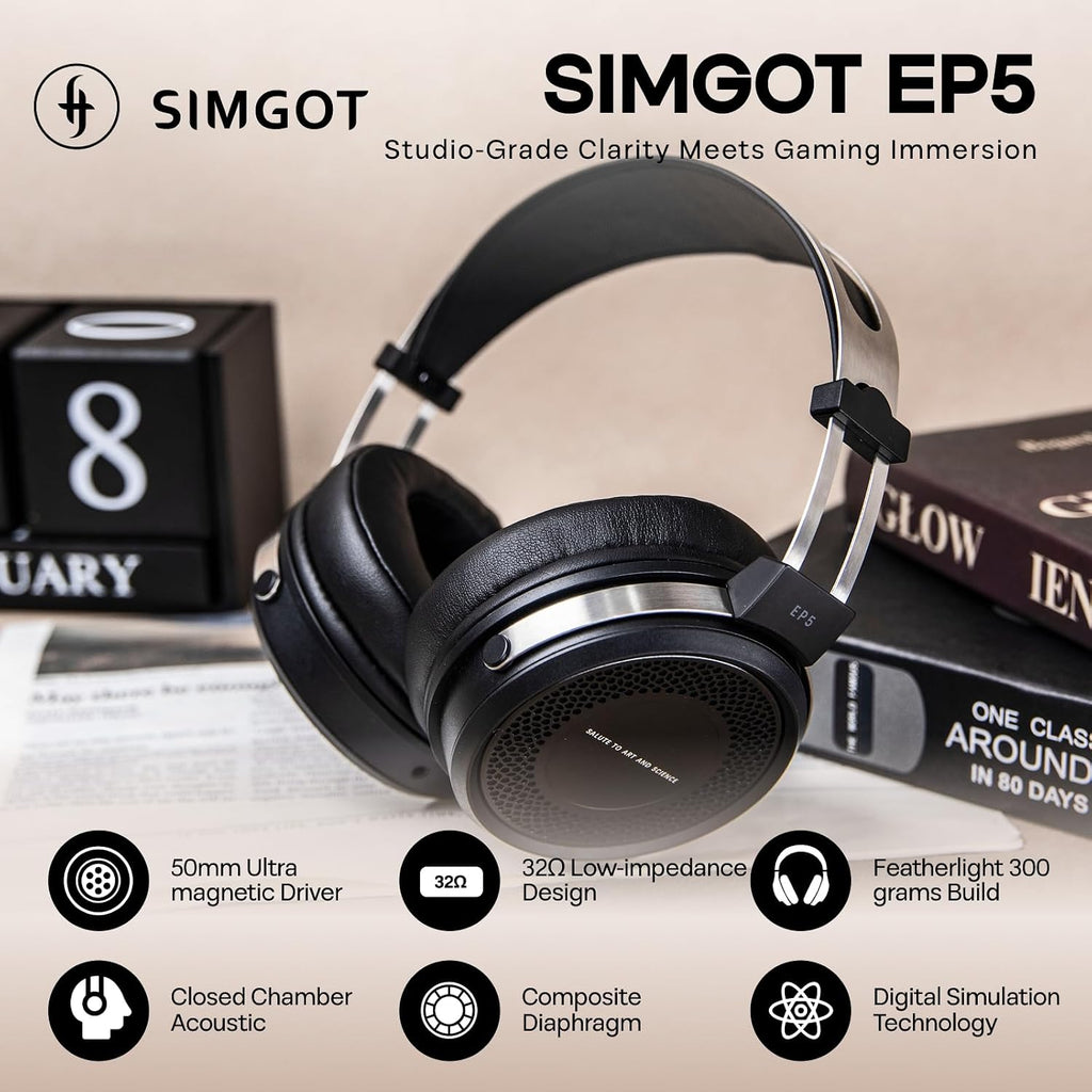 Linsoul SIMGOT EP5 Over-Ear Headphones, 50mm Ultra-Magnetic Drivers, Innovative Closed-Back HiFi Monitor, Dual 3.5mm TRS Detachable Cable + Tripowin Nova Monitor Headphone Cable(XLR, Black)