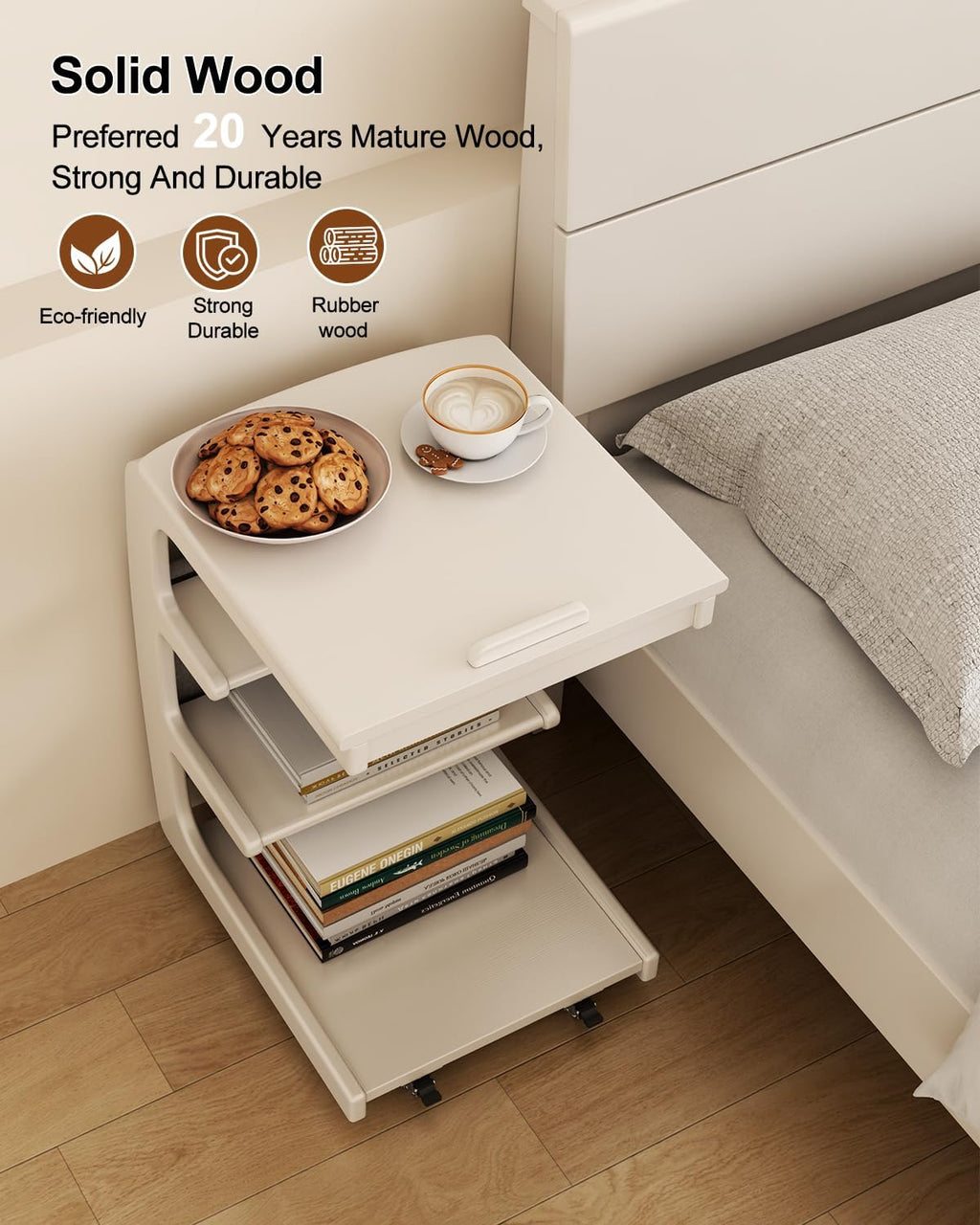 AQIMUELE Wooden C-Shaped End Table,Couch Desk with 2 Lockable Wheels,4-Tier Couch Table with Storage Bag,Small Rolling Side Table Tv Trays for Couch, Living Room,Bedroom (White)